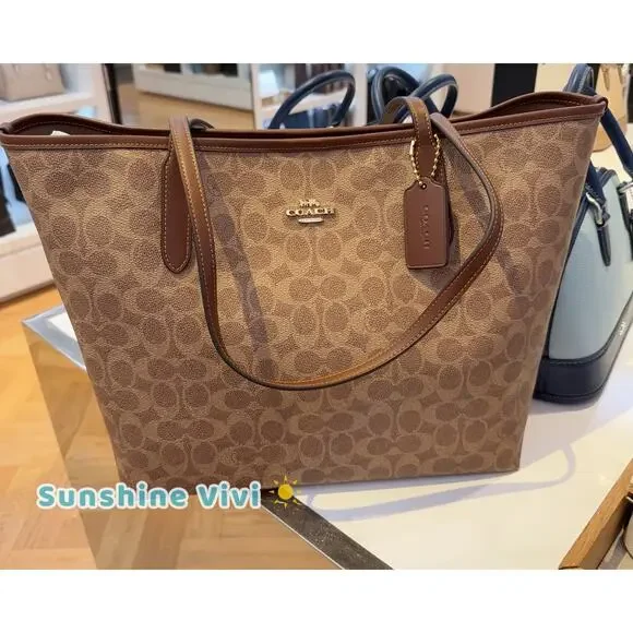 NWT COACH 🔥City Tote In Signature Canvas Gold/Tan/Brown CV976 - Picture 6 of 10